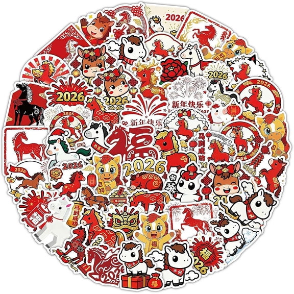 61 PCS Happy Chinese New Year Stickers 2026, Year of The Horse 2026 Lunar New Years Sticker Spring Festival Decals Stickers for Party Favor Supplies Bottle Decor