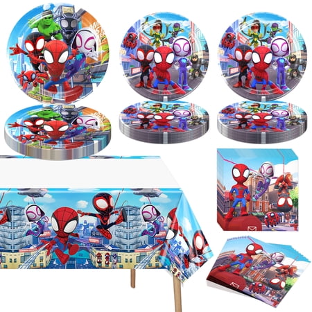 61 PCS Spidey Tableware Sets, Spidey Birthday Party Paper Plates and Napkins Set Includes 40 PCS Plates, 20 PCS Napkins, 1 Tablecloth for Kids Birthday Party Supplies