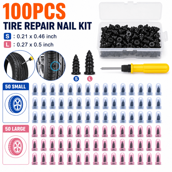 100 PCS Tire Repair Rubber Nail, Vacuum Tire Repair Kits Spiral Rubber Screws, Fast Self-Service Tool for Car, Truck, Motorcycle, Tractor Tire Puncture Repair Screwdriver Tool Set w/Box