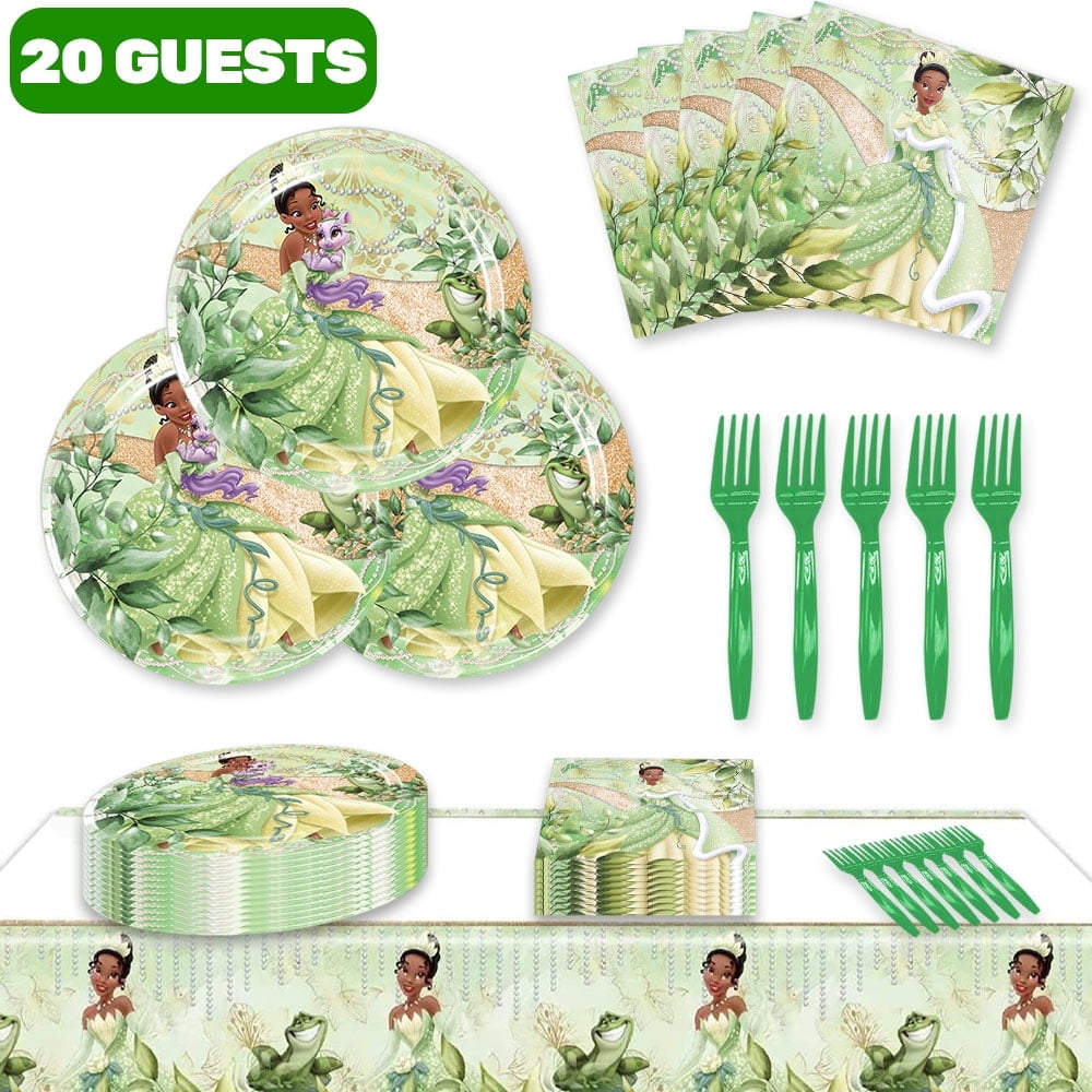 61 Pcs Birthday Party Supplies, Frog Princess Tableware Set Includes Plates, Napkins, Forks,Tablecloth Princess and The Frog Party Decorations Birthday Party Baby Show Dinnerware