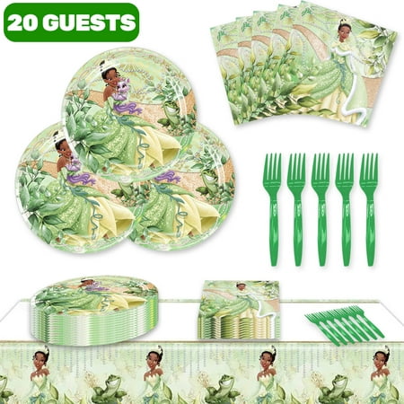 61 Pcs Birthday Party Supplies, Frog Princess Tableware Set Includes  Plates,  Napkins, Forks,Tablecloth Princess and The Frog Party Decorations Birthday Party Baby Show Dinnerware