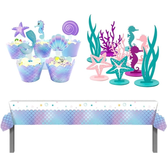 61 Pcs Mermaid Birthday Decorations Supplies for Ocean Theme,Include 20 Felt Table Centerpiece, 40 Mermaid Cupcake Wrappers Toppers and 1 Tablecloth