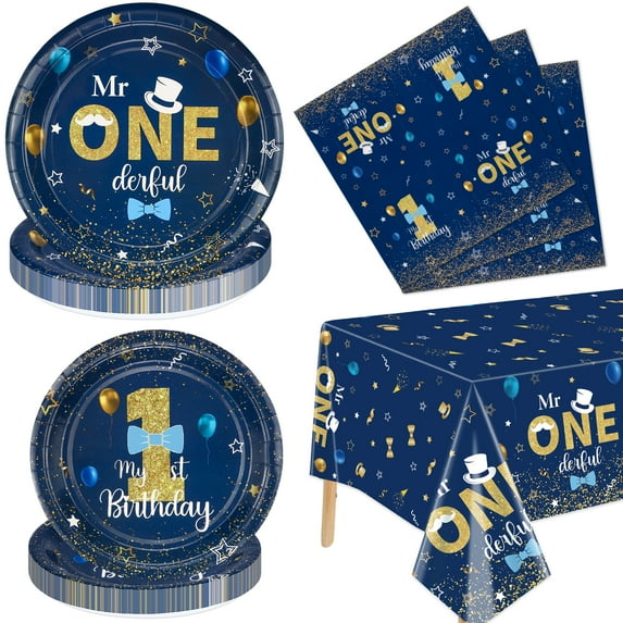 Mr Onederful Birthday Decorations - Blue Gold Birthday Plates, Napkins, and Tablecloth First Birthday Decorations Tableware for Baby Shower 1st Birthday Boy Decorations, Serve 20 Guests