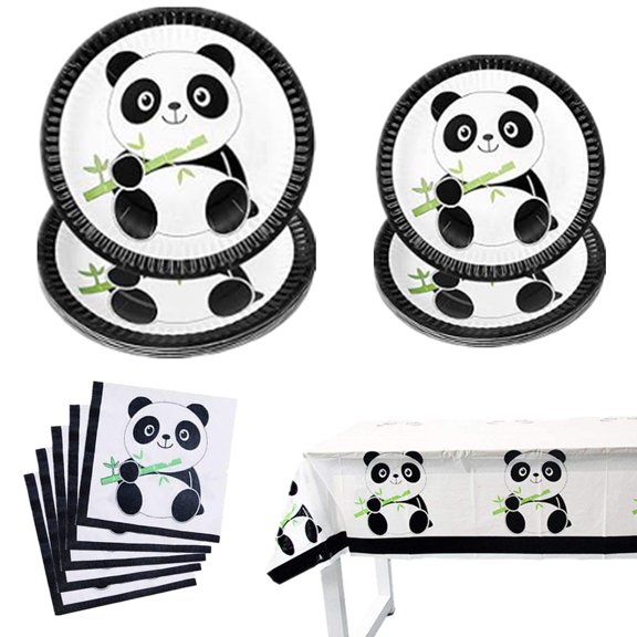 61 Pcs Panda Party Supplies Set, Panda Disposable Tableware Including 20Pcs 7' Plates, 20Pcs 9' Plates, 20Pcs Napkins and 1 Tablecloth, Serves 20 Guests