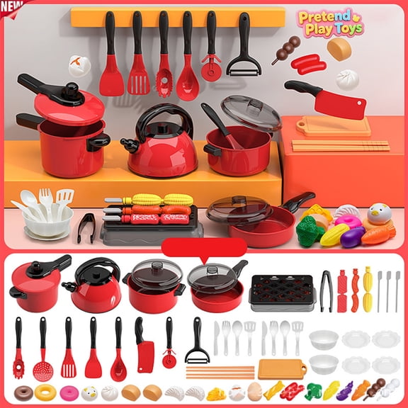 61 Pcs Red Pretend Play Kitchen Cookware Toy Set, Kids Toddler Pots Kettle Pans Utensils Grill Fake Veggie Food Playset, Learning Toys, Imaginative Little Chef Role Play Kit for Boys Girls Ages 4+