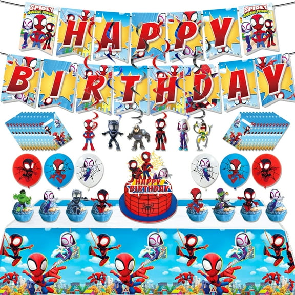 61 Pcs Spiderman Birthday Party Supplies and Decorations Include Happy Birthday Banner, Latex Balloon, Hanging Swirl Spiral, Cake Toppers,Gift Bags,Tablecloth for Boys Girls Spidey Theme Party