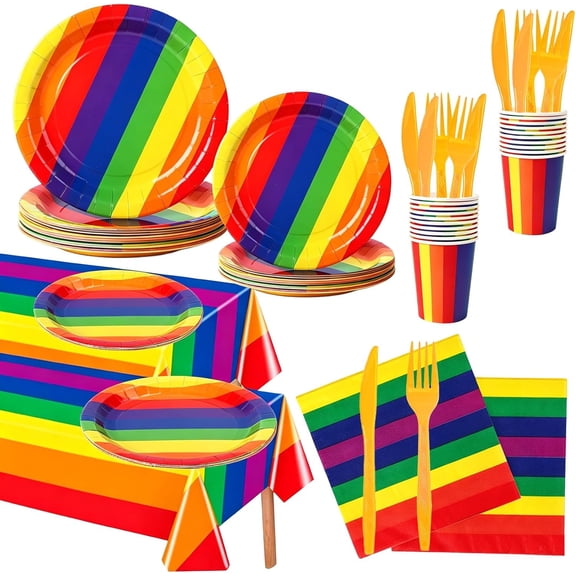 61 Pcs, Supplies Pride Tableware Set, Rainbow Pride Party Tableware Set, 61 Piece Disposable Dinnerware with Plates, Cups, Napkins, Cutlery and Tablecloth for Birthday Wedding Decorations