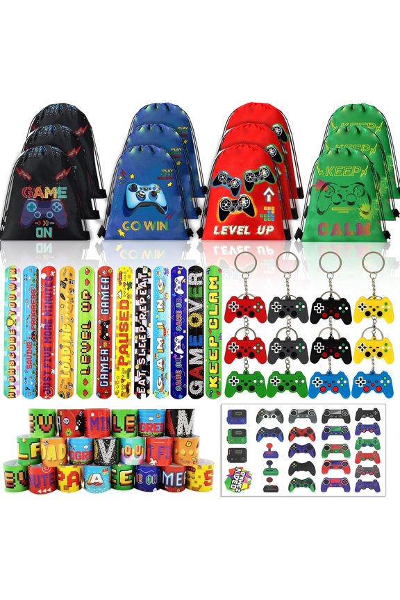 61 Pcs Video Game Party Favors, Gamer Party Favors Bags Includes 12 Pcs16 x 13 Inch Video Game Party Drawstring Bags Slap Bracelets Keychains Tattoo Stickers for Kids Gaming Party Favor