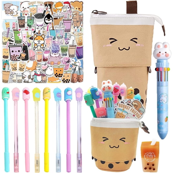 61 Piece Kawaii Stationary Set, Aesthetic School Supplies with Brown Pencil Case, Boba Tea Inspired