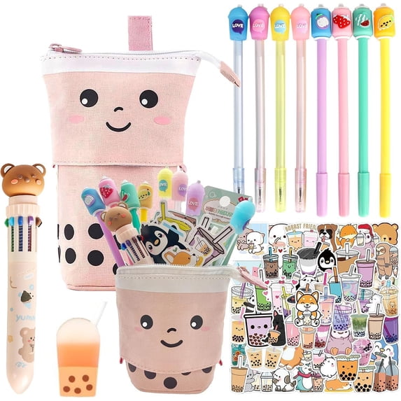 61 Piece Kids Kawaii Stationary Set, Aesthetic School Supplies with Pink Pencil Case, Boba Tea