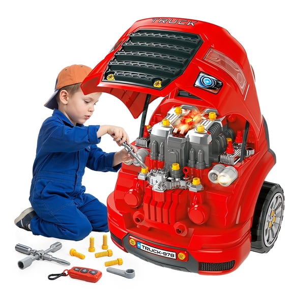 61-Piece Kids Motor Workbench Toy Set - Realistic Car Repair Play with Sounds & Tools - ABS Plastic - Red & Black - Ages 3-5
