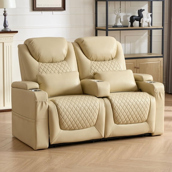61" RV Loveseat Recliner, Double Recliner Furniture with 3 Arms and 2 Pillows, Wall Hugger Recliners & 135° Reclining Theater Seating (Beige PU Leather RV Couch)