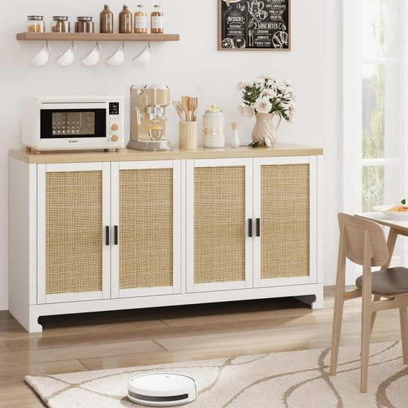 61" Rattan Buffet Cabinet, Modern Console Coffee Cabinet with Rattan 4 Doors for Dining Room, Entryway