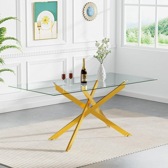 61" Rectangle Glass Dining Table for 4-6, Luxury Kitchen Table with Tempered Glass Top and Gold Metal Cross Legs, Modern Glass Dinner Table for Kitchen Dining Room Small Apartment