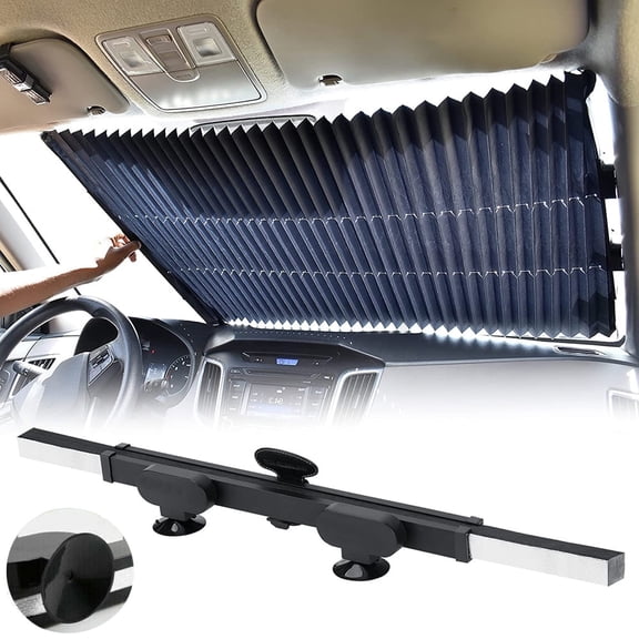 61" Retractable Windshield Sun Shade for Car, IC ICLOVER Large Sun Visor Protector Cover Blocks 99% UV Rays to Keep Your Vehicle Cool, Folding Auto Front Window Foil Curtain for SUV Truck Windshield
