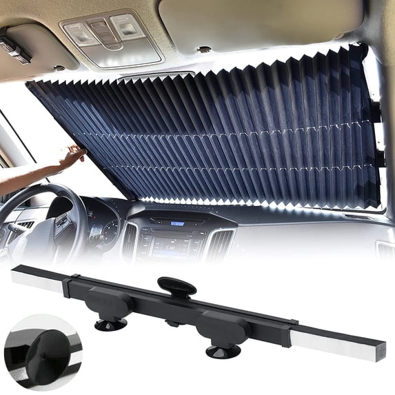 61" Retractable Windshield Sun Shade for Car, IC ICLOVER Large Sun Visor Protector Cover Blocks 99% UV Rays to Keep Your Vehicle Cool, Folding Auto Front Window Foil Curtain for SUV Truck Windshield