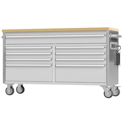 61" Rolling Tool Chest, Garage Workbench with 9 Drawers, Solid Rubber Wood Workbench Top, Power Strip, Locking Wheels and Key Lock, Mobile Garage Tool Cabinet