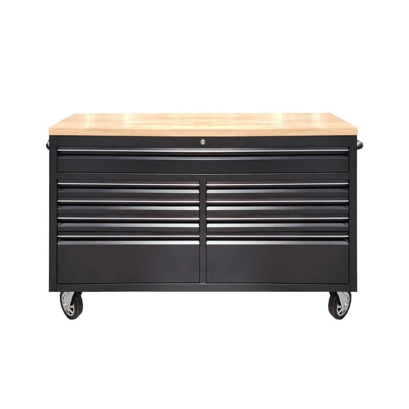 61" Rolling Tool Chest, Garage Workbench with 9 Drawers, Solid Rubber Wood Workbench Top, Power Strip, Locking Wheels and Key Lock, Mobile Garage Tool Cabinet