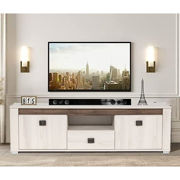 61" TV Stand Console, Modern Contemporary Design with Graphical Handles and Dark Insertion, Perfect for Living Room or Bedroom. One Drawer Two Doors and Open Compartment.