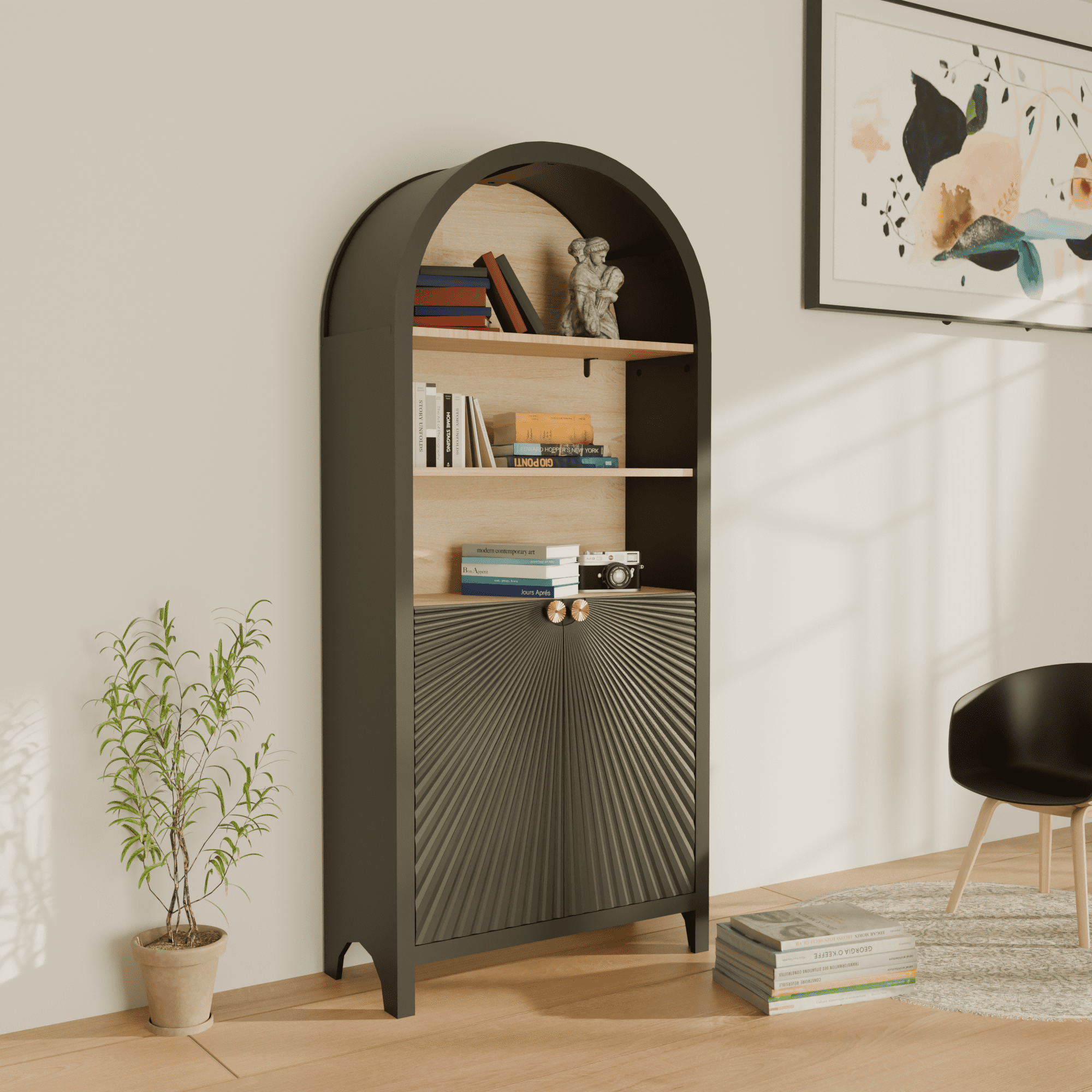 61" Tall Arched Bookcase, 5-Tier Arched Bookcase with Doors, Wooden ...