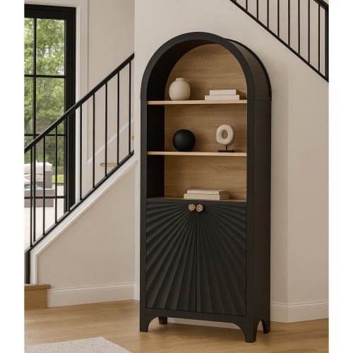 61" Tall Arched Bookcase, 5-Tier Arched Bookcase with Doors, Wooden Open bookshelf, Vintage Display Book Shelf Cabinet for Home, Office, Living Room