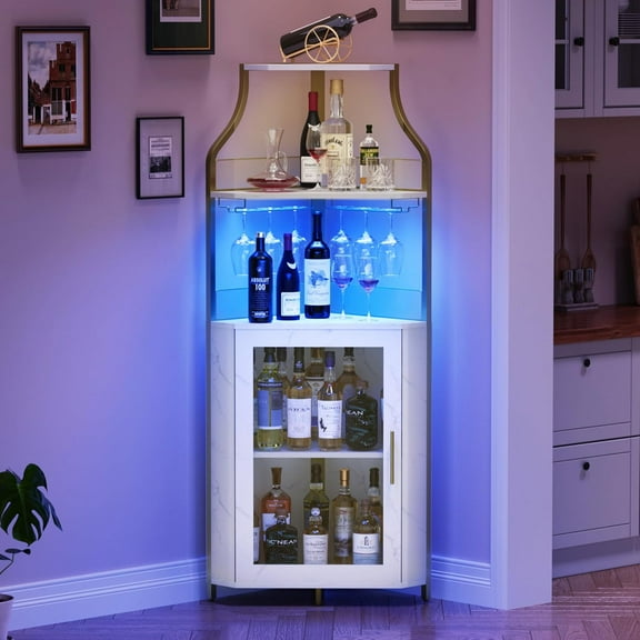 61'' Tall Corner Wine Bar Cabinet with Adjustable Shelves, 5-Tier Industrial Bar Cabinet with Glass Holder, Home Bar with Mesh Door for Liquor and Glasses