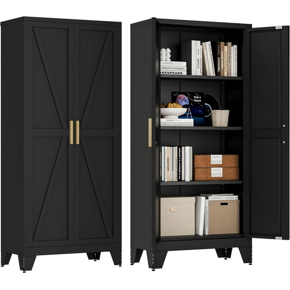 61" Tall Farmhouse Metal Pantry Cabinet, Kitchen Pantry Storage Cabinets with 2 Barn Door and Adjustable Shelves,Metal Pantry Storage Cabinet,for Kitchen,Laundry Room,Home Office,Kids Room (Black)