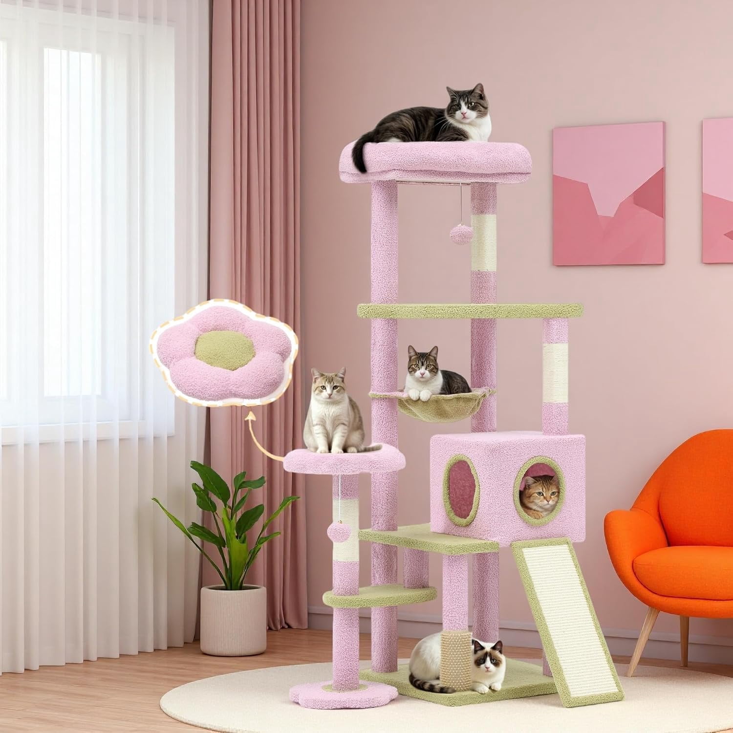 61" Tall Flower Cat Tree for Large Cats with Self-Grooming Brush, Climbing Tower for Indoor Kittens with Cat Condo, Top Perch, Basket, Sisal Scratching Posts and Dangling Ball