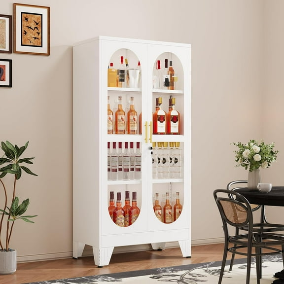 61" Tall Metal Curio Cabinet, Display Cabinet with Glass Door, 4 Tier Liquor Cabinet with 3 Adjustable Shelves, Locking Glass Display Case for Collectibles, Showcase Storage Cabinets, White