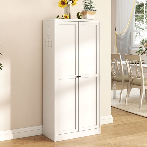 61" Tall Metal Storage Cabinet with 4 Adjustable Shelves, Kitchen Pantry Cabinet with 3 Side Hooks and Adjustable Foot, Freestanding Cupboard for Kitchen, Dining Room, Living Room, White