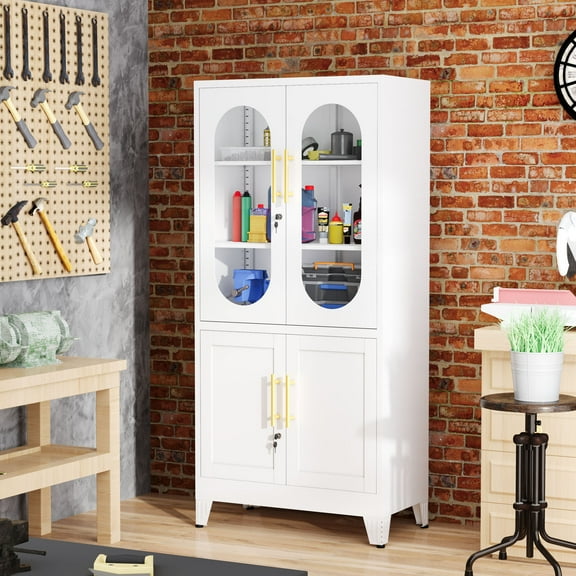 61" Tall Metal Storage Cabinet Featuring 2 Glass Doors Steel, Lockable with Adjustable Shelves