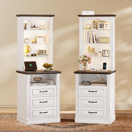 61" Tall Nightstand Set of 2 with Charging Station and LED Lights, End Table with 3 Adjustable Shelves and 3 Drawers, Roman Column Design, Modern White
