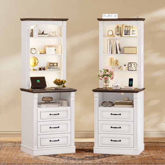 61" Tall Nightstand Set of 2 with Charging Station and LED Lights, End Table with 3 Adjustable Shelves and 3 Drawers, Roman Column Design, Modern White