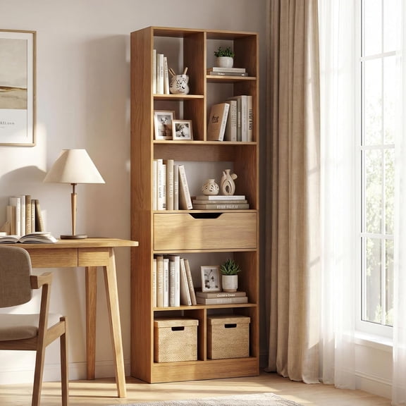 61 Tall Open Bookcase with Drawer, 8-Cube Display Storage Cabinet Organizer, Freestanding Wooden Shelf Bookshelf with 2 Anti-Tip Kits for Home Office, Living Room, Study (1, Natural, 61" H)