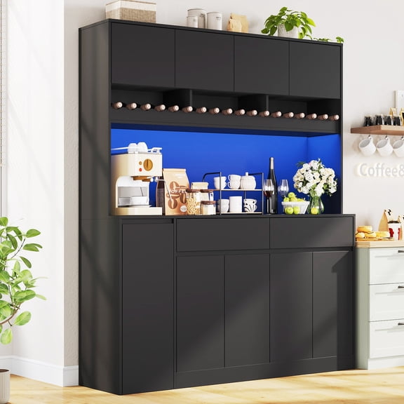 61"W 71"H Large Coffee Bar Cabinet with Power Outlets, Modern LED Lighted Kitchen Sideboard Buffet with Hutch & Pull Out Cabinet, Microwave Stand with 14 Wine Racks & 8 Door Cabinets
