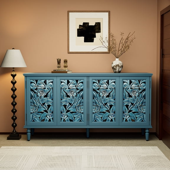61'' W Carved 4-Door Sideboard With Light, Wine Glass Rack And Legs,Suitable For Kitchen, Living Room, And Bedroom, Blue