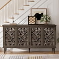 thumbnail image 1 of 61'' W Carved 4-Door Sideboard With Light, Wine Glass Rack And Legs，Suitable For Kitchen, Living Room, And Bedroom, Brown, 1 of 18