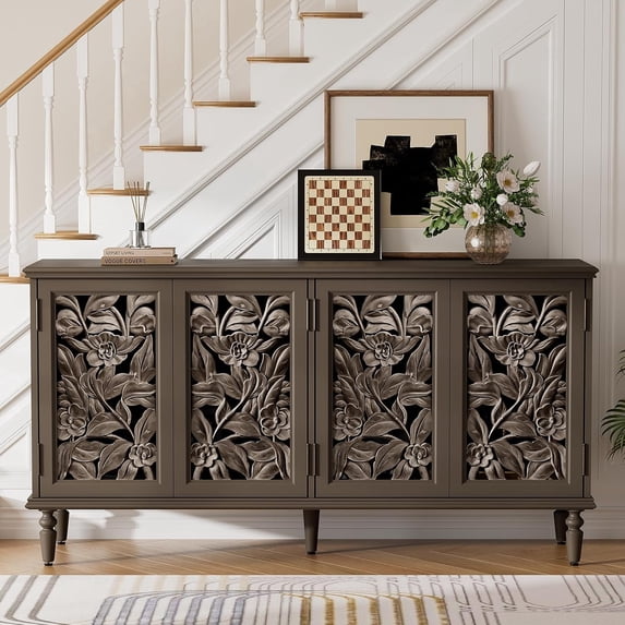61'' W Carved 4-Door Sideboard With Light, Wine Glass Rack And Legs,Suitable For Kitchen, Living Room, And Bedroom, Brown