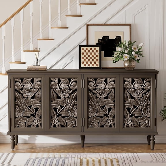 61'' W Carved 4-Door Sideboard With Light, Wine Glass Rack And Legs,Suitable For Kitchen, Living Room, And Bedroom, Brown