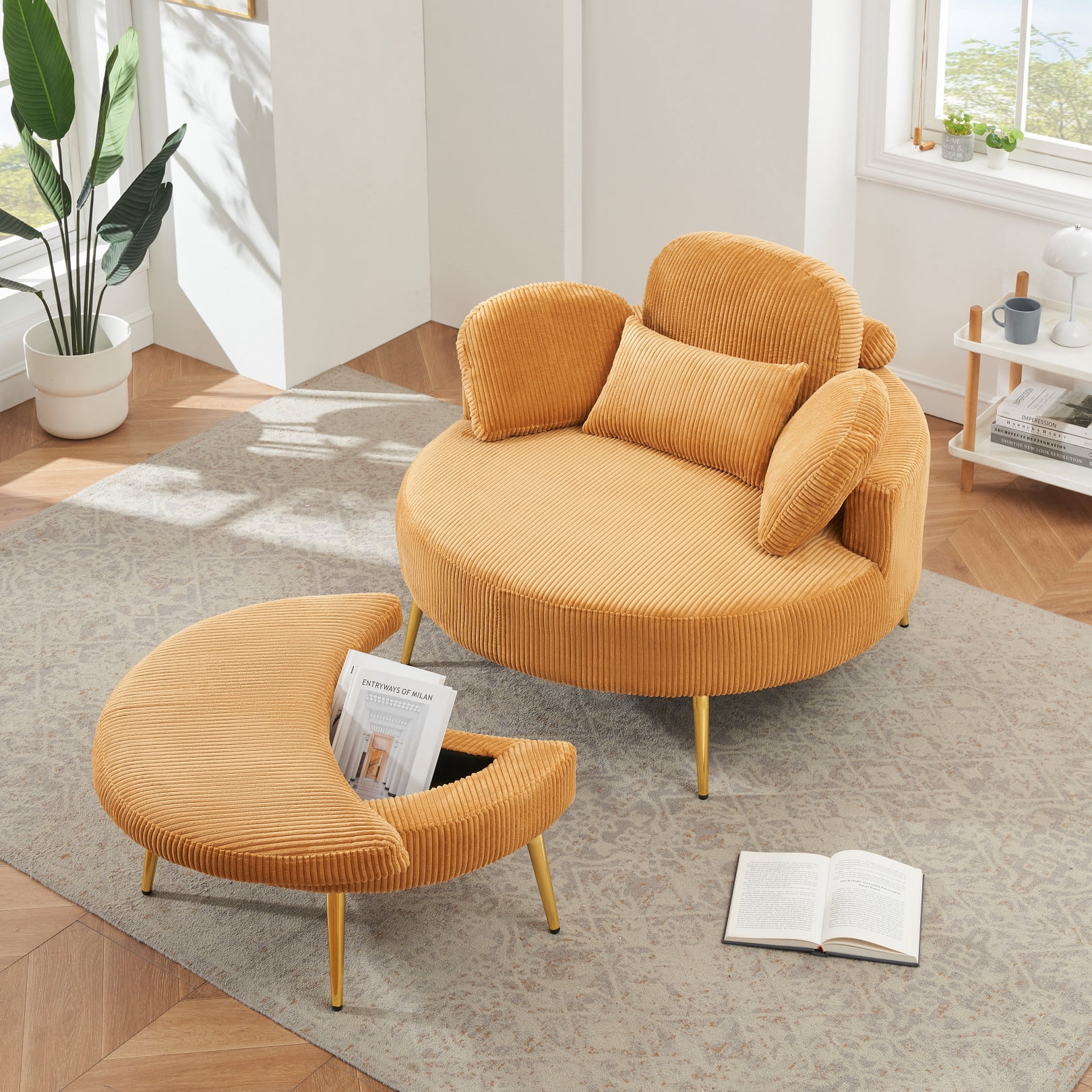 61''W Oversized Round Sofa Chair with Half Moon Storage Ottoman ...