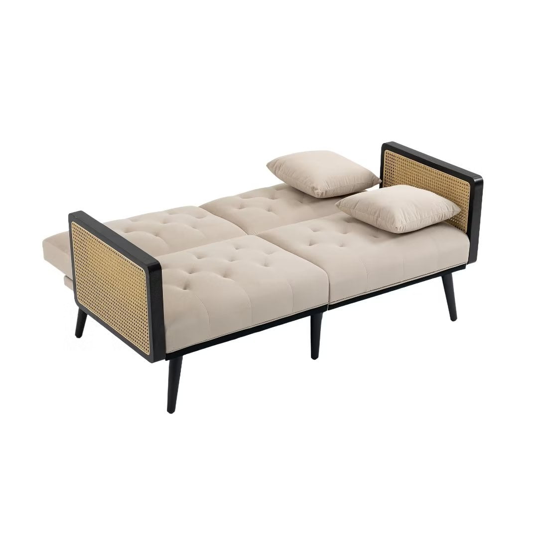 61'' W Small Velvet Sofa with Rattan Armrests, 2Seater Sleeper Sofa