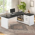 thumbnail image 1 of L Shaped Farmhouse Desk, 61" Computer Desk with Storgae, Home Office Desk with Drawers and Shelves, Wood Computer Desk with Power Outlets, Corner Desk with Large Desktop, White, 1 of 7