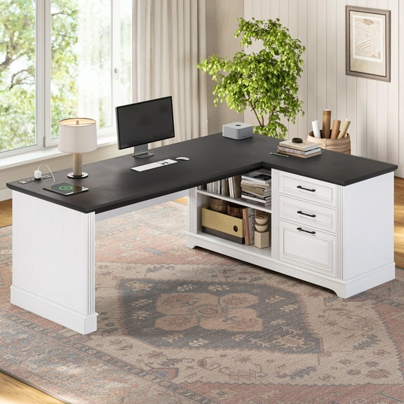 L Shaped Farmhouse Desk, 61" Computer Desk with Storgae, Home Office Desk with Drawers and Shelves, Wood Computer Desk with Power Outlets, Corner Desk with Large Desktop, White