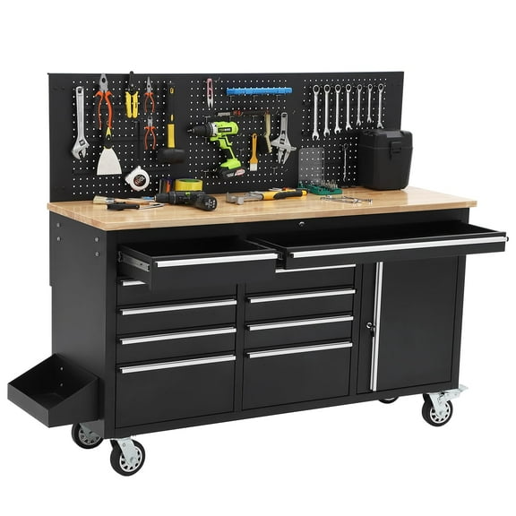 61" Workbench, Rolling Tool Chest, Heavy Duty Wood Top Work Table with Drawers and Pegboard, Work Bench Organizers with Power Outlet, Wheels, Mobile Workstation for Garage, Workshop