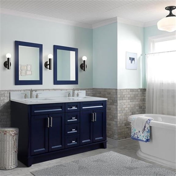 61 in. Double Rectangle Sink Vanity with Quartz Top, Blue & White