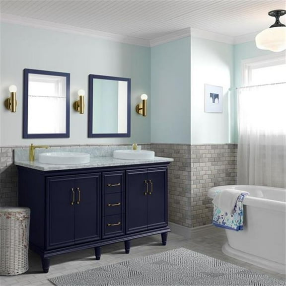 61 in. Double Round Sink Vanity with Carrara Marble Top, Blue & White