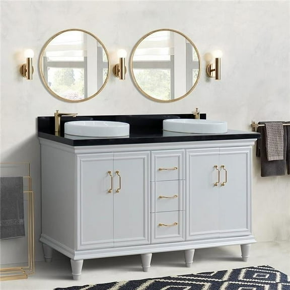 61 in. Double Round Sink Vanity with Galaxy Granite Top, White & Black