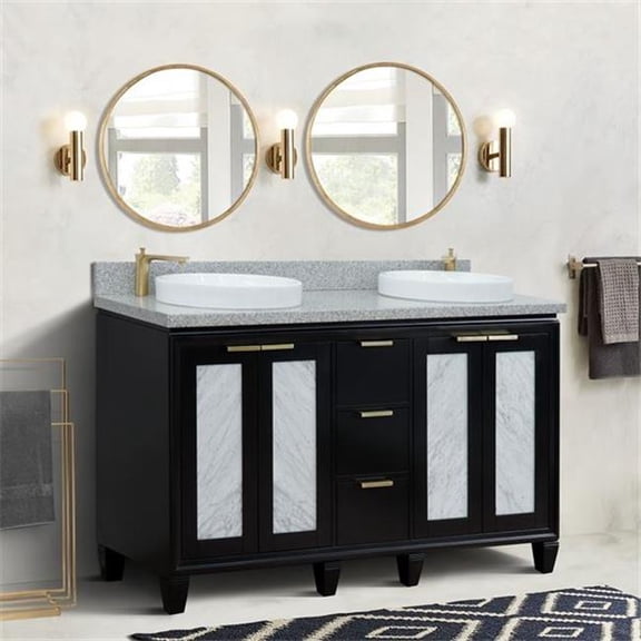 61 in. Double Round Sink Vanity with Granite Top, Black & Gray