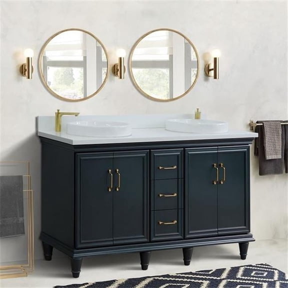 61 in. Double Round Sink Vanity with Quartz Top, Dark Gray & White