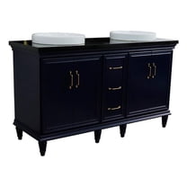 61 in. Double Wooden Vanity Blue Black Galaxy Granite Round Sink